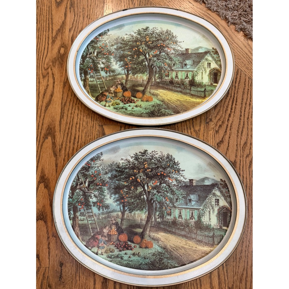 Sunshine Biscuits Currier and Ives Serving Trays 2pc Autumn Scene Multicolor